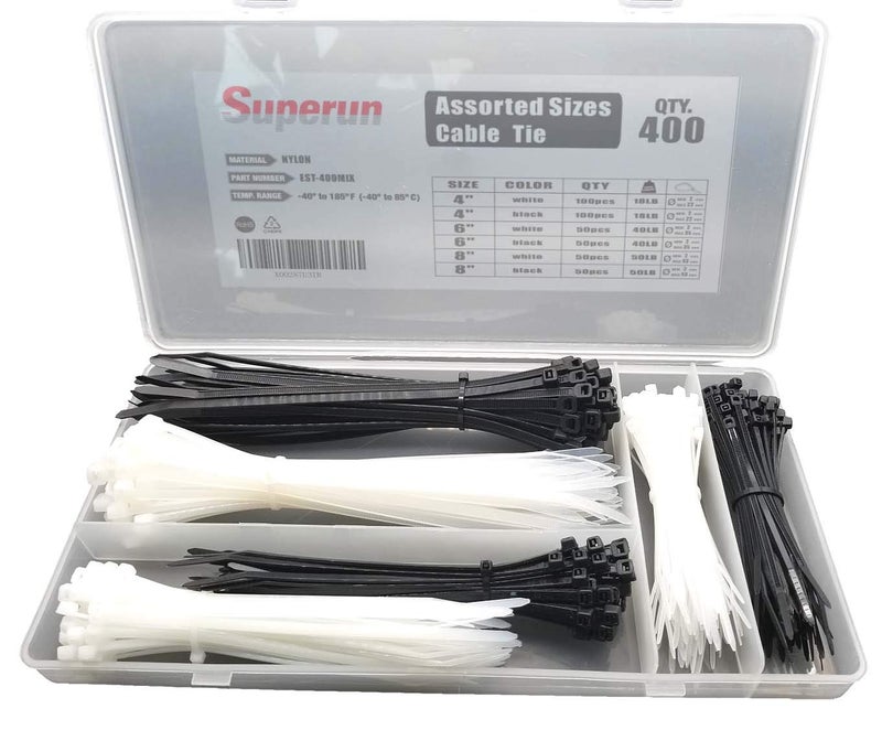 Superun Zip Tie Kit - 400 Pack Zip Ties Assorted Sizes 4 Inch, 6 Inch, 8 Inch Mix Pack in Black & White Wire Ties assortmentâ€¦ - Image 1